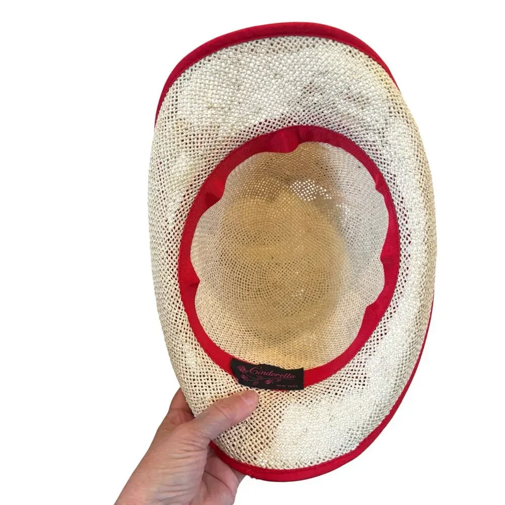 50s Red Ribbon Straw Cloche Hat Cinderella New York Picnic Rockabilly